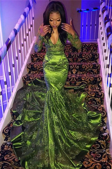 Black Girl Prom Dress Cheap Long Sleeve Lace Green Prom Dresses for Juniors | Sexy V-neck Mermaid Evening Gowns HZ1023